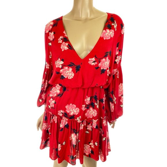Valencia & Vine Dresses & Skirts - Valencia & Vine 'Stephanie' Red Floral Mini Dress Size S Long Billowy Sleeves